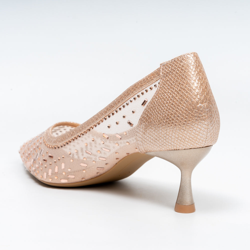 Aurevia Crystal Mesh Pointed Toe Kitten Heels - Champagne - view 3