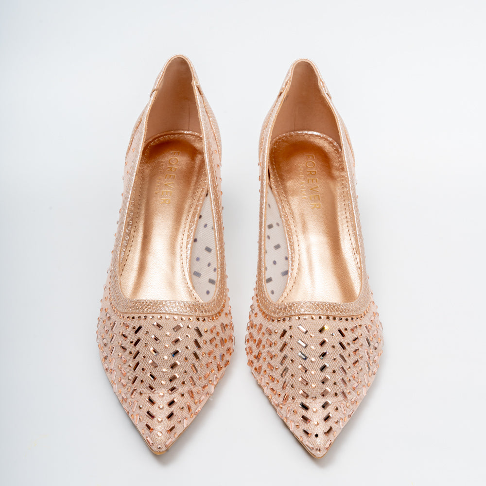 Aurevia Crystal Mesh Pointed Toe Kitten Heels - Champagne - view 4
