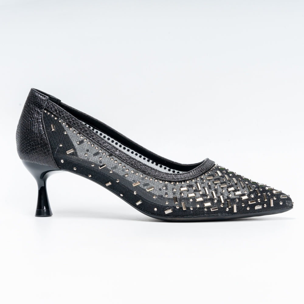 Aurevia Crystal Mesh Pointed Toe Kitten Heels - Black