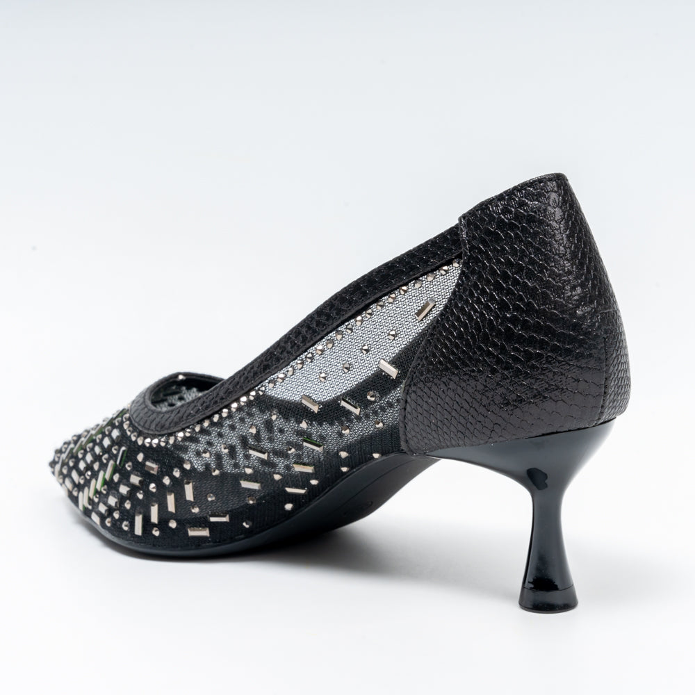 Aurevia Crystal Mesh Pointed Toe Kitten Heels - Black - view 3