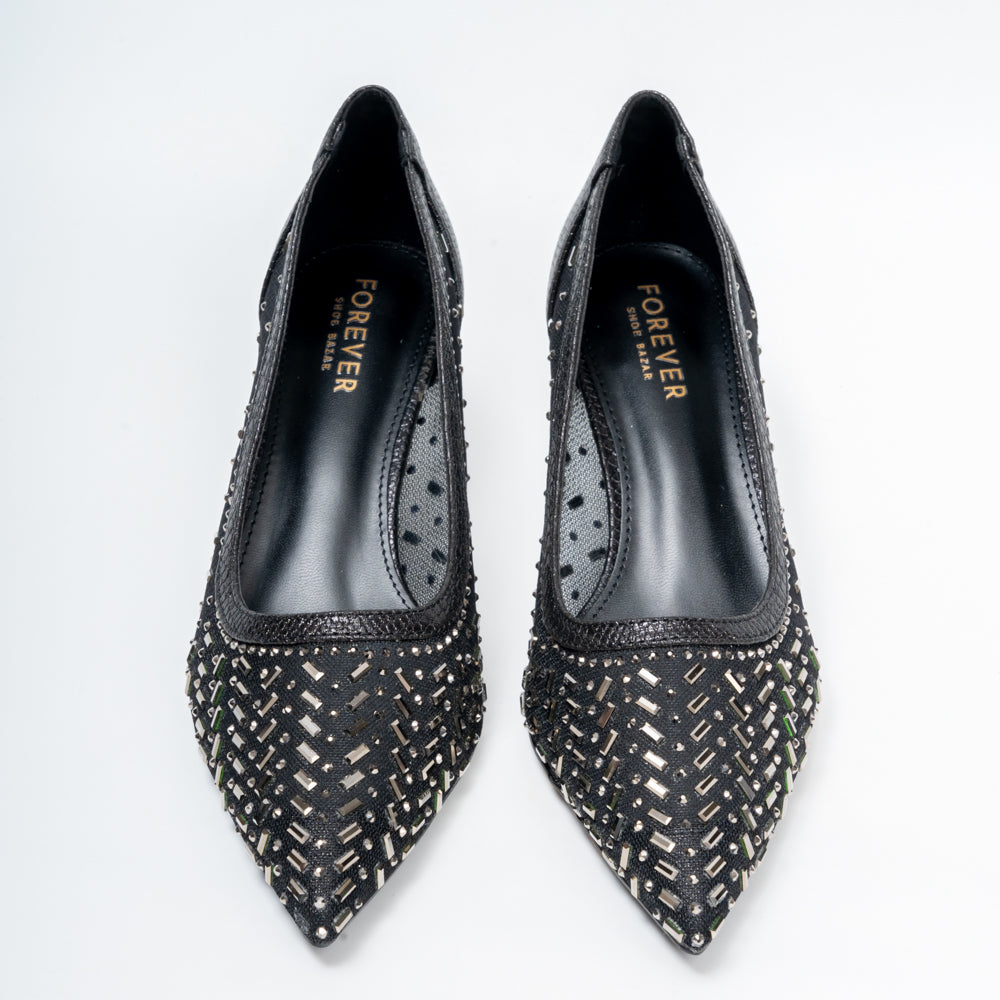 Aurevia Crystal Mesh Pointed Toe Kitten Heels - Black - view 4