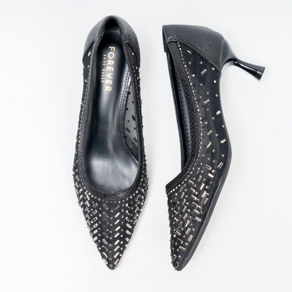 Aurevia Crystal Mesh Pointed Toe Kitten Heels - Black - view 5
