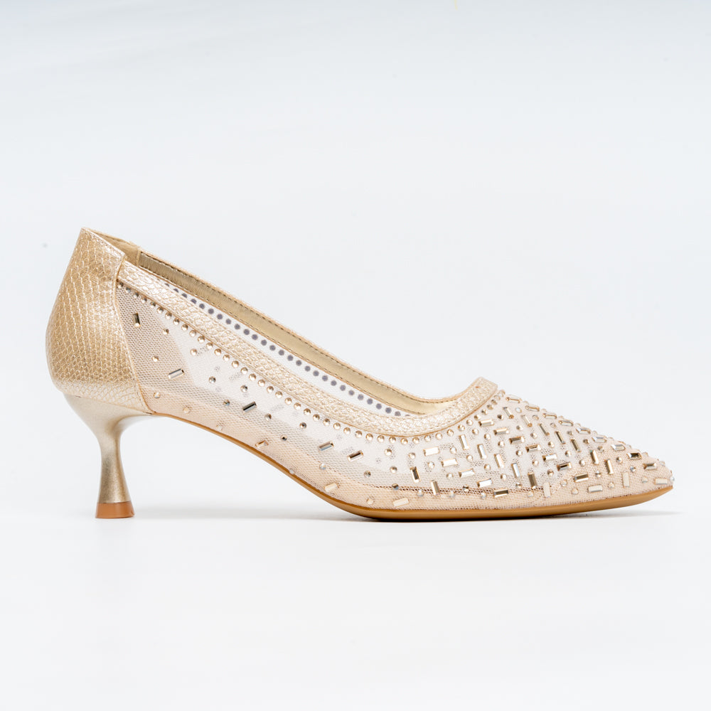 Aurevia Crystal Mesh Pointed Toe Kitten Heels - Gold