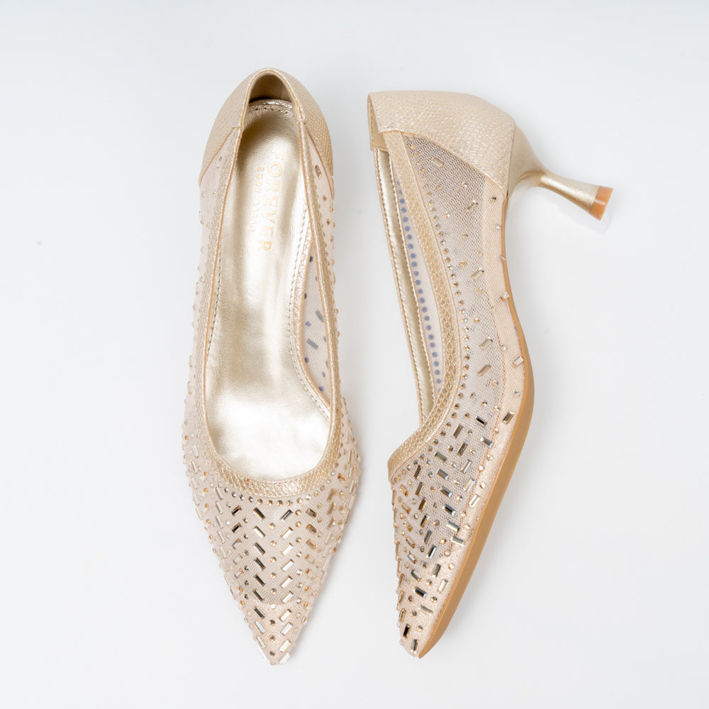 Aurevia Crystal Mesh Pointed Toe Kitten Heels - Gold - view 5