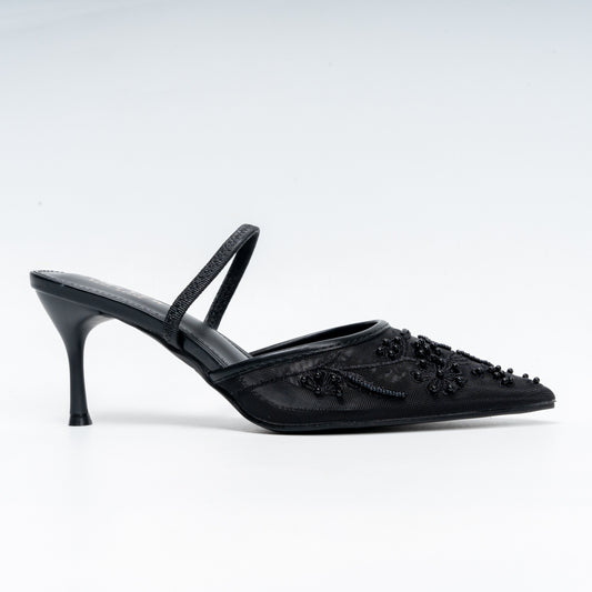 Beaded Blossom - Black Slingback