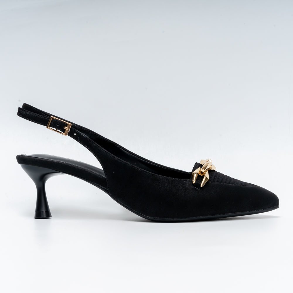 Aveline Chain Detail Slingback Kitten Heels - Black