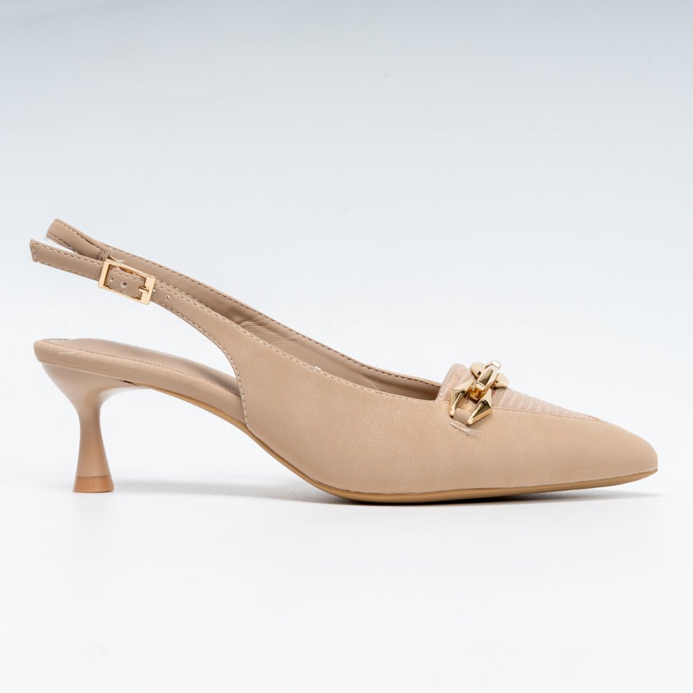 Aveline Chain Detail Slingback Kitten Heels - Beige