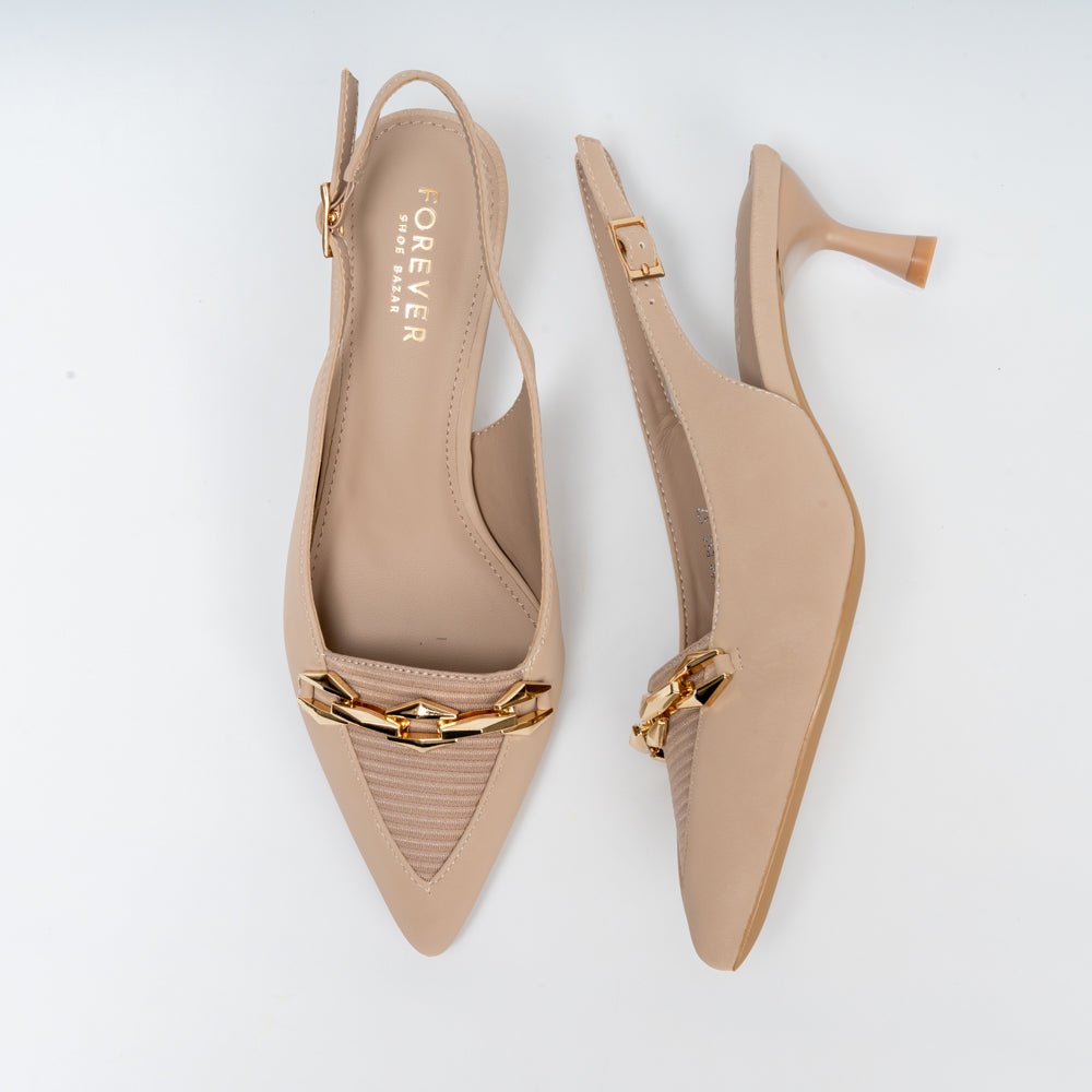 Aveline Chain Detail Slingback Kitten Heels - Beige - view 5