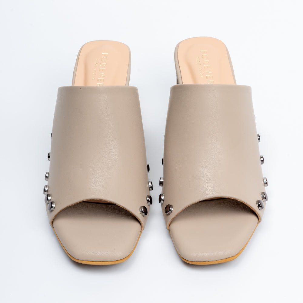 Stud Story - Beige Block Heel Mules - view 4