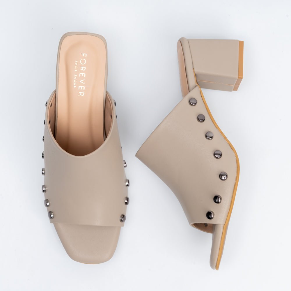 Stud Story - Beige Block Heel Mules - view 5