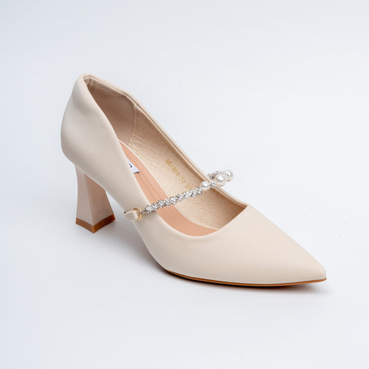 Ivory Charm - Beige Block Heel Pumps