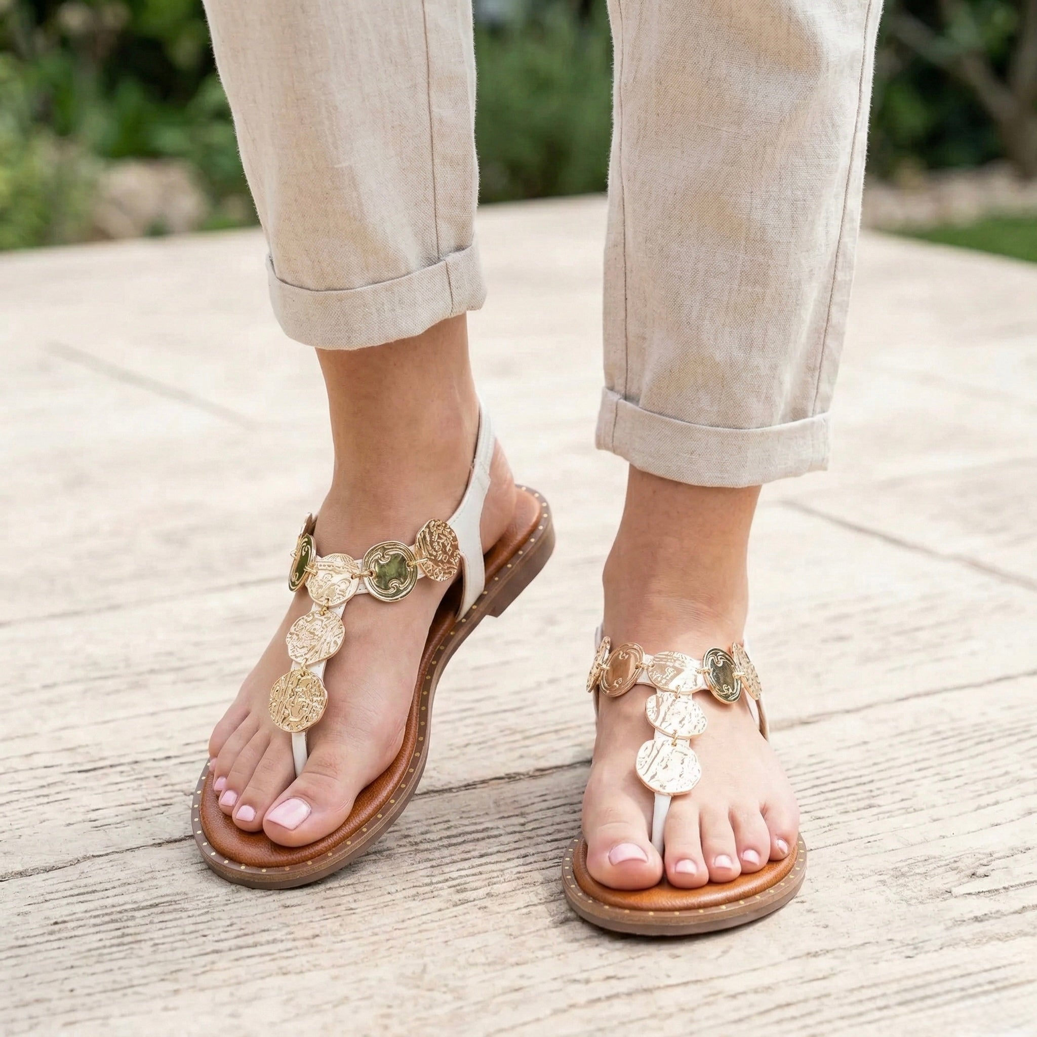 Coin Cascade - White Flat Sandal