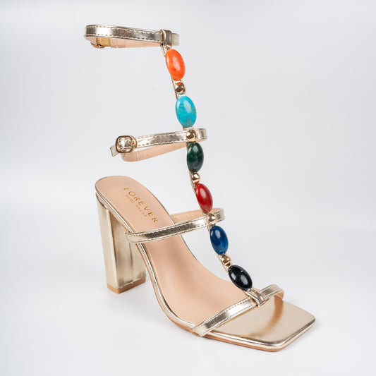 Beaded Boldness - Gold Statement Block Heels