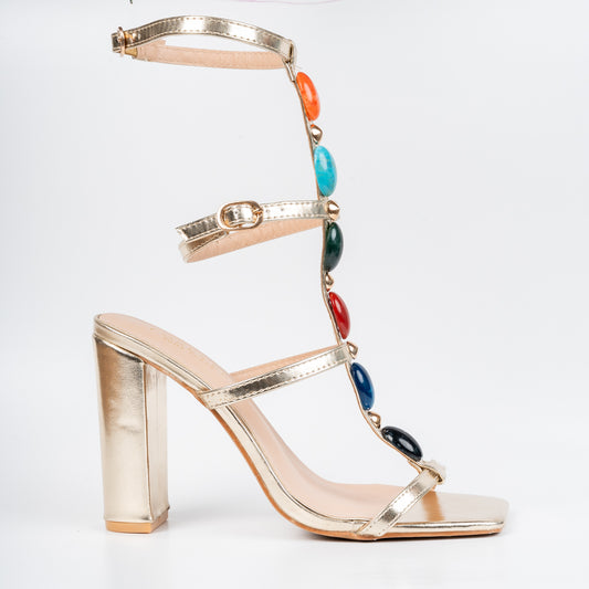 Beaded Boldness - Gold Statement Block Heels