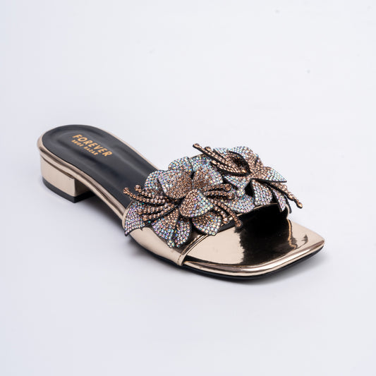 Flowers From Hell 2.o - Gold Elegant Small Heel Slipper