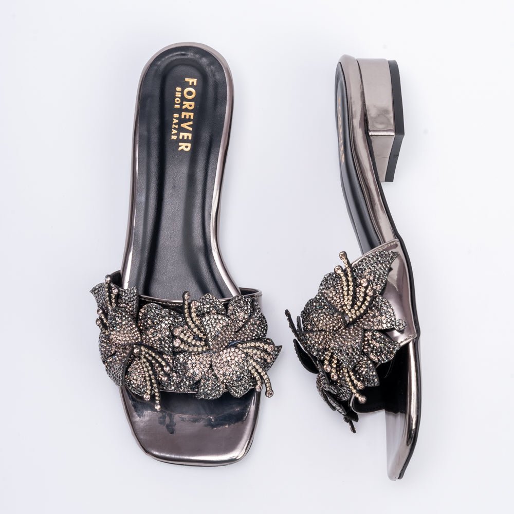 Flowers From Hell 2.o - Gun Metal Elegant Small Heel Slipper - view 5