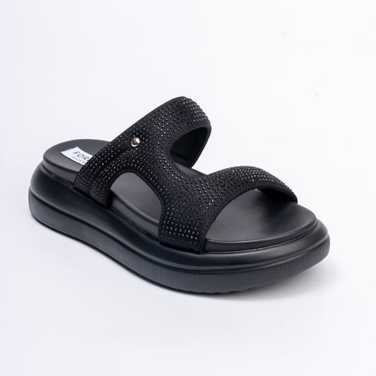 Eleven On Ten - Black Casual Slipper with Rhinestones
