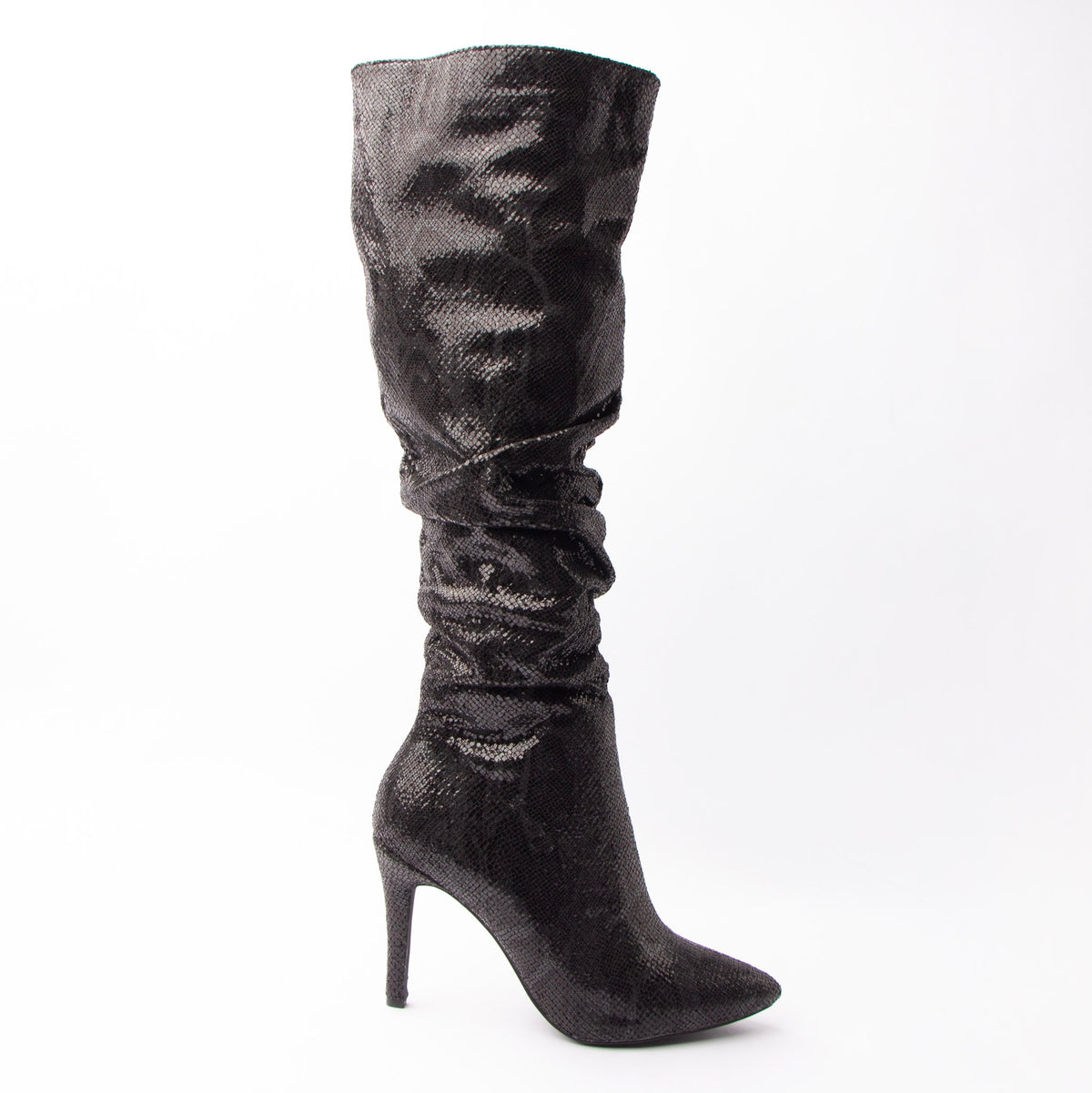 Cobra Reign - Black Snakeskin Knee High Boots