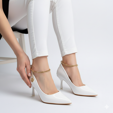 Scarlet Charm - White Ankle Chain Pumps