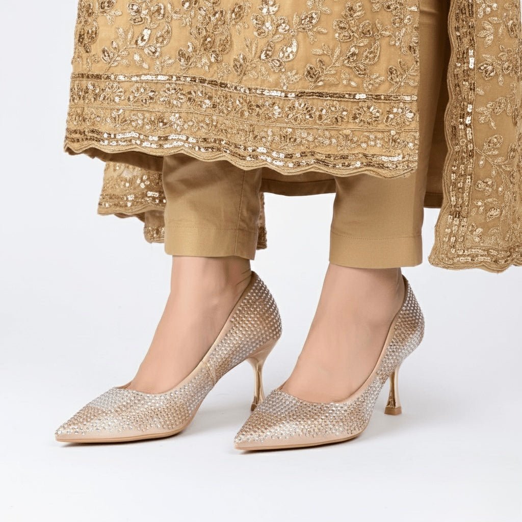 Pixie Step gold heels for women | Forever Shoe Bazar