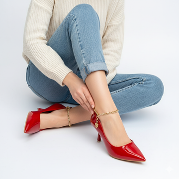 Scarlet Charm - Red Ankle Chain Pumps