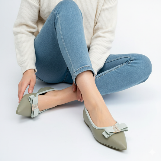 The Bella Bow - Green Flat Ballerinas